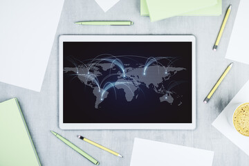 Poster - Top view of modern digital tablet monitor with abstract world map with connections, research and strategy concept. 3D Rendering