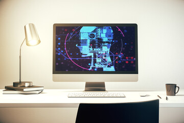 Poster - Modern computer screen with creative human head microcircuit. Future technology and AI concept. 3D Rendering
