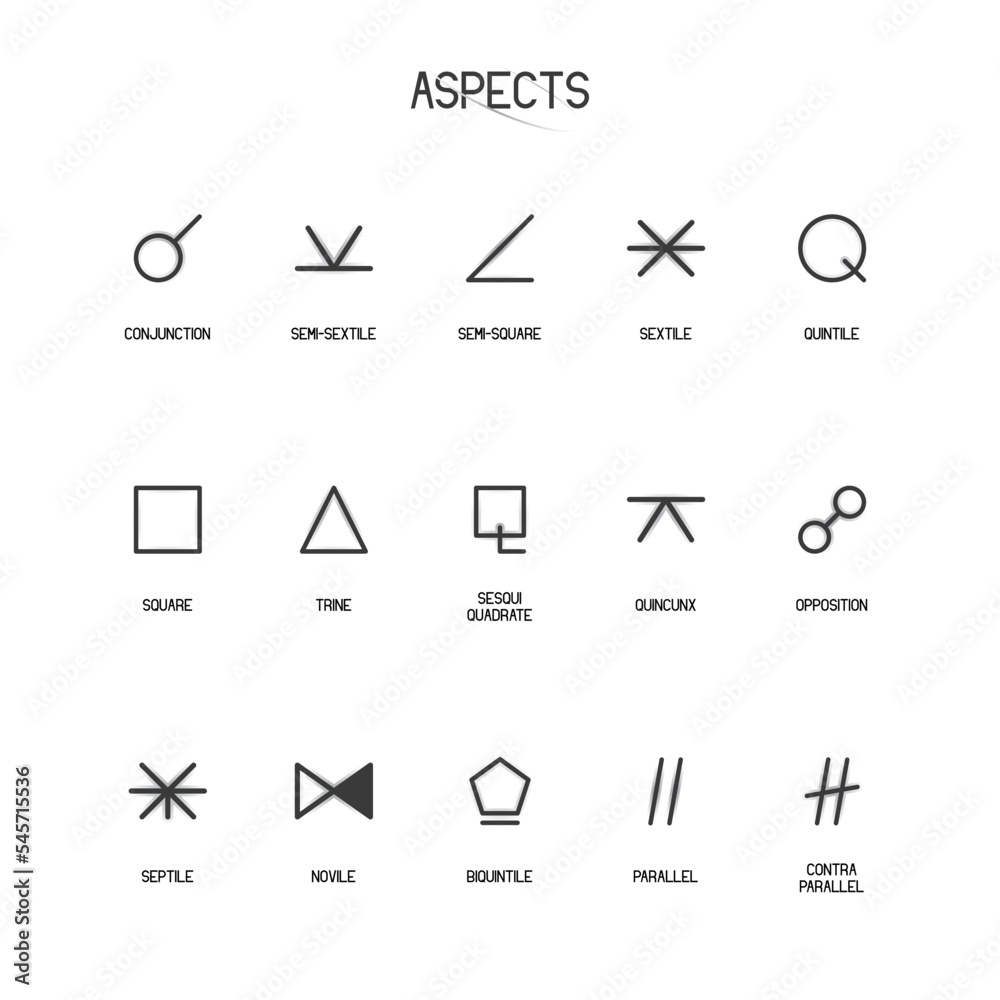 ASPECTS zodiac horoscope thin line label linear design esoteric stylized elements symbols signs. Vector illustration icons