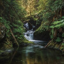 Long Exposure Of Willaby Falls In The Quinault Rainforest.