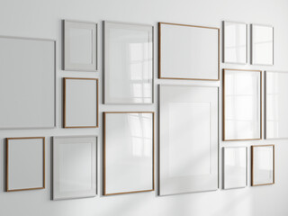 Gallery wall mockup, set of frames on the wall, 3d render