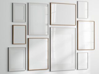 Gallery wall mockup, set of frames on the wall, 3d render