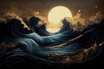 Sea dark night landscape. Moonlight reflected in the waves of the ocean. Sea stormy wave with foam, nature abstraction.