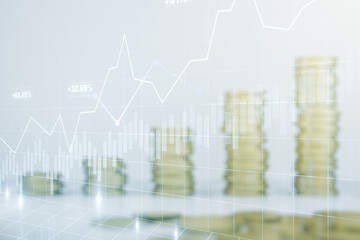 Poster - Multi exposure of abstract virtual financial graph hologram on stacks of coins background, forex and investment concept