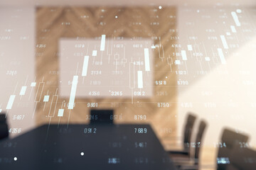 Fototapete - Multi exposure of stats data illustration on a modern conference room background, computing and analytics concept