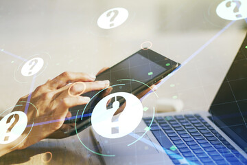 Aufkleber - Creative concept of question mark illustration and finger clicks on a digital tablet on background. FAQ and search concept. Multiexposure