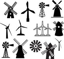 Editable Set Of Illustrated Silhouettes Of Windmills On A White Background