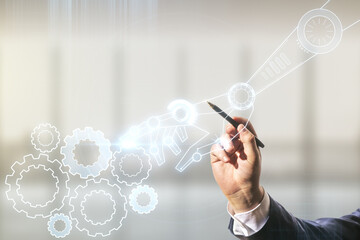 Aufkleber - Man hand with pen draws abstract virtual robotics technology hologram on blurred office background, artificial intelligence and machine learning concept. Multi exposure