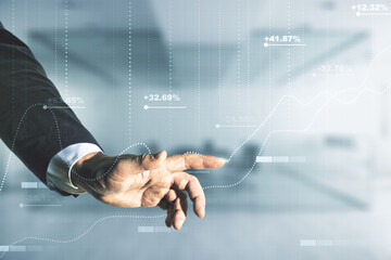 Multi exposure of male hand clicks on abstract virtual graphic data spreadsheet sketch on blurred office background, analytics and analysis concept