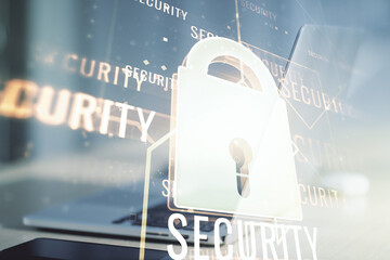 Poster - Creative light lock illustration with microcircuit on modern computer background, cyber security concept. Multiexposure