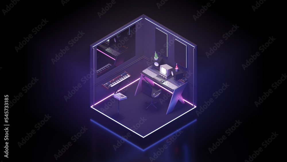 3D render of an Isometric, Cozy, Retro Futuristic Music Production or ...