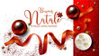 tarjeta o pancarta para una Feliz Navidad y un Feliz Año Nuevo en rojo sobre un fondo blanco y rojo con bolas de Navidad de colores, rojo y blanco con una cinta roja y brillo dorado y plateado
