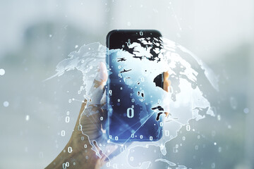 Poster - Multi exposure of abstract programming language hologram with world map and hand with cellphone on background, artificial intelligence and neural networks concept