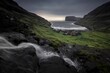 Landscape of Waterfall and the village of tjornuvik in the faroe islands with gray sunset