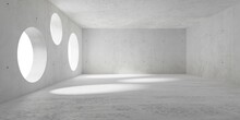 Abstract Empty, Modern Concrete Room With Round Opening In The Left Wall, Sunlight Shadow And Rough Floor - Industrial Interior Background Template