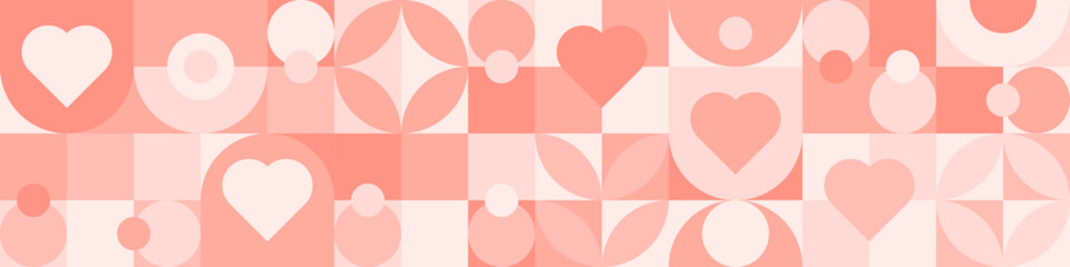 Wall Mural - Seamless pink background for Mother's Day card template. Trendy geometric shapes with circles, squares and hearts in retro style for a Valentine's Day or wedding day cover.