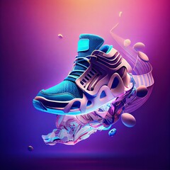 Wall Mural - 3d illustration of a comfortable futuristic sneaker floating in the air on a  colorful background