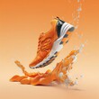 3d illustration of a comfortable futuristic sneaker floating in the air on an orange background