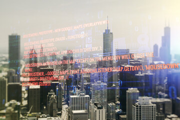 Poster - Abstract virtual coding concept on Chicago skyline background. Multiexposure