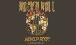 Music world tour vintage print design. Rock and roll vector t-shirt design. 