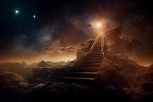3d Render Of Stairs To The Starry Sky With Beautiful Shining And Space Around.