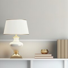 3D close up, a stylish contemporary white table lamp with gold lining and linen cloth lampshade stand next to some books on a minimal wooden sideboard. Empty blank beige wall in background. Mock up.