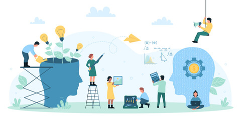 Exchange of knowledge, creative innovation in business community vector illustration. Cartoon tiny people work on growth of light bulbs, holding pencil and calculator to develop and upgrade ideas