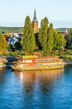 BONN, GERMANY - October 8 2022: Chinese Floating Restaurant On The Rhine River Banks, Bonn, Germany.