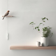 Interior wall mockup in neutral minimalist scandi style with trailing green plant and bird on wooden shaelf on empty white wall background. Close up view, 3d rendering, 3d illustration