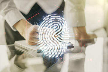 Aufkleber - Multi exposure of abstract fingerprint scan interface with man hand writing in notepad on background, digital access concept
