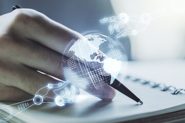 Aufkleber - Creative abstract robotics technology sketch with globe and man hand writing in notepad on background, future technology and AI concept. Double exposure