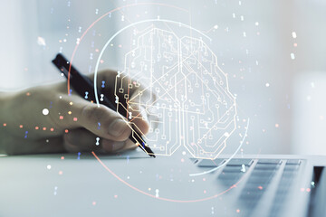 Poster - Double exposure of creative artificial Intelligence symbol with hand writing in notebook on background with laptop. Neural networks and machine learning concept