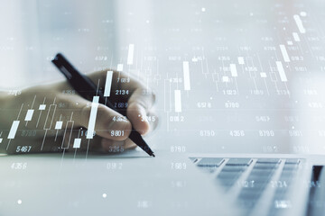 Aufkleber - Abstract creative stats data concept with hand writing in notebook on background with laptop. Multiexposure