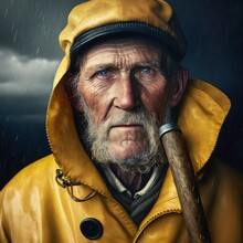 Portrait Of An Old Sailor Fisherman Hat Rain Jacket Wood Pipe, Generative Ai