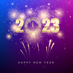 Wall Mural - happy new year 2023. new years banner with gold numbers with clock and firework