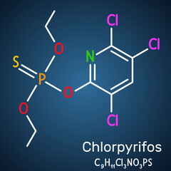 Poster - Chlorpyrifos, CPS molecule. It is organophosphate neurotoxicant, used as pesticide. Structural chemical formula on the dark blue background