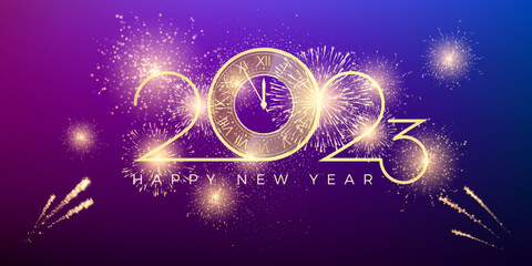Wall Mural - 2023 happy new year. gold numbers and festival clock