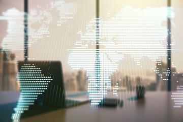 Aufkleber - Abstract creative world map and modern desktop with computer on background, international trading concept. Multiexposure