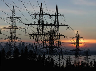 Wall Mural - electric towers group under sunset dark clouds