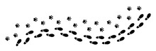 Two Isolated Black Footprint Trails (comics Silhuoette Shapes Of A Dog Paw Along With A Human Shoe), Going From The Left To The Right (horizontal Orientation).

