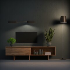 Poster - Cabinet TV in empty interior room ,dark wall with wood shelf,lamp ,plants and table wood ,3d rendering