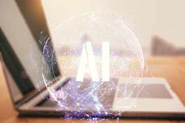 Aufkleber - Creative artificial Intelligence symbol concept with modern computer on background. Double exposure