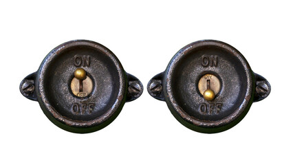 antique steampunk style metal on-off switch in on and off position isolated png illustration on a tr