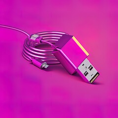 Poster - Metallic Usb Icon. 3D Illustration of Metallic Cable, Connector, Usb Icon With Boxes on Magenta Background.