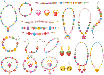 Poster - kids plastic beads. fashioned colored jewelry elements 90s style recent vector plastic accessory