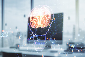 Poster - Creative light bulb illustration with human brain on modern computer background, future technology concept. Multiexposure