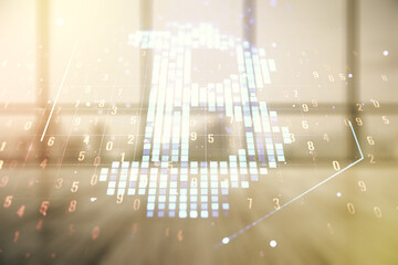 Poster - Double exposure of creative Bitcoin symbol hologram on empty room interior background. Mining and blockchain concept