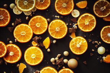 Overhead shot of Delicious fresh orange zest with chocolate 3d illustrated