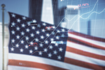 Poster - Multi exposure of abstract virtual graphic data spreadsheet sketch on US flag and skyline background, analytics and analysis concept
