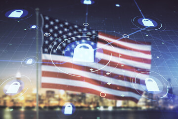 Aufkleber - Virtual creative lock illustration with microcircuit on USA flag and blurry skyscrapers background, cyber security concept. Multiexposure